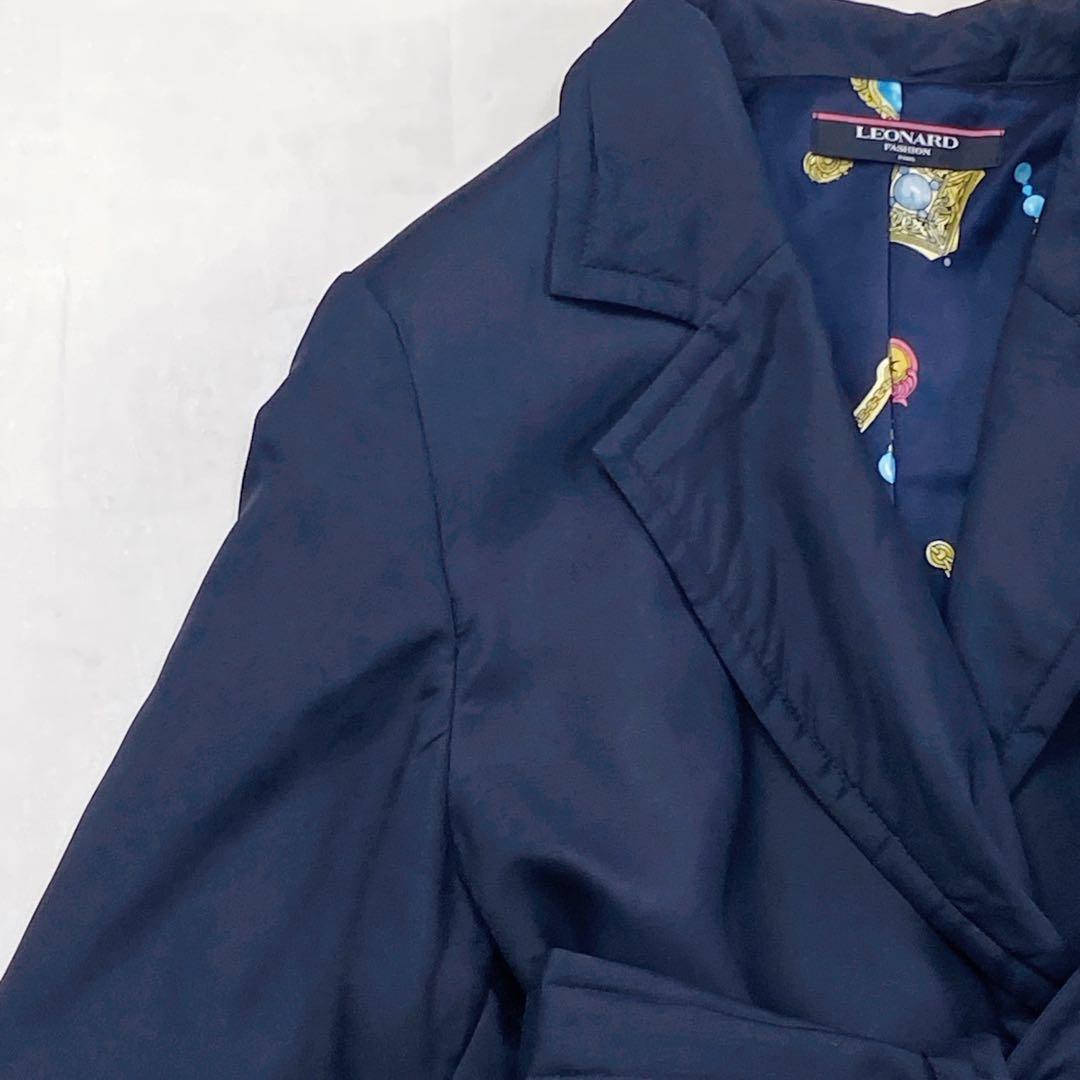 美品 シルク100 リボン 宝石 総柄 トレンチコート レオナール