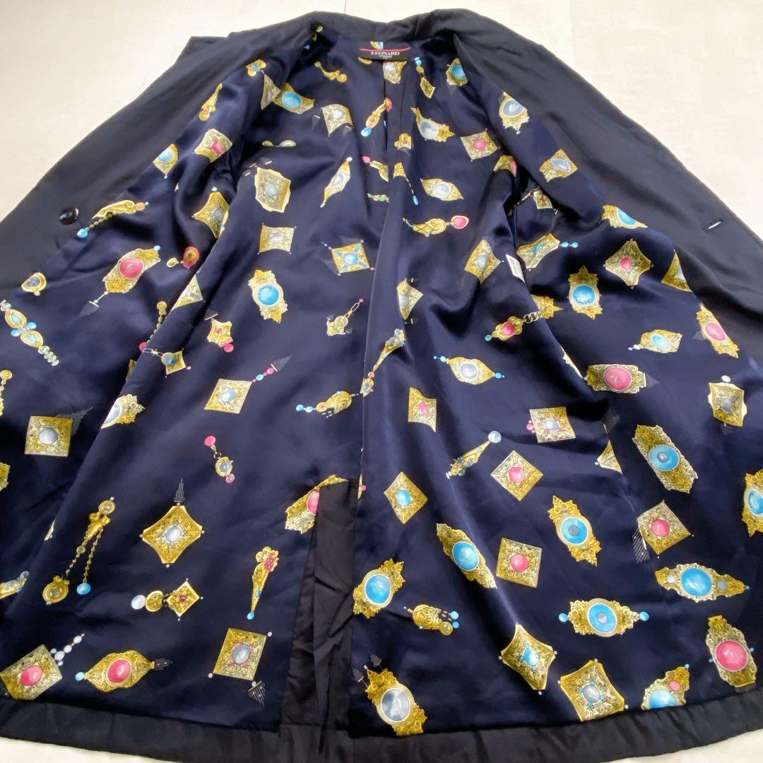 美品 シルク100 リボン 宝石 総柄 トレンチコート レオナール