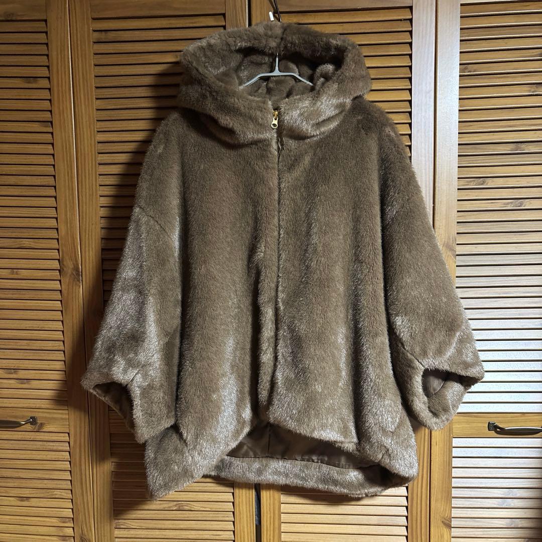 値下げ DOUDOU(ドゥドゥ)ファーポンチョコート ブラウン ダブルジッパー