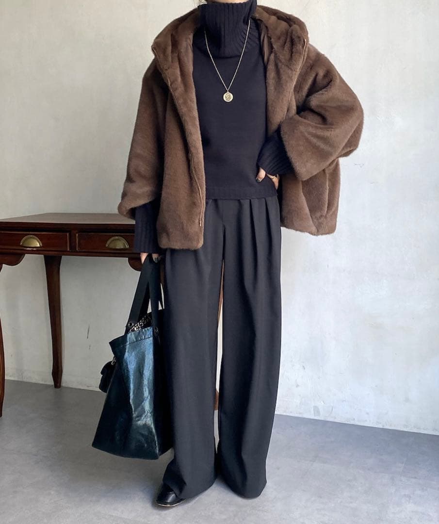 値下げ DOUDOU(ドゥドゥ)ファーポンチョコート ブラウン ダブルジッパー