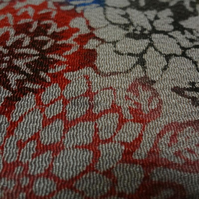 薄い灰色に菊や牡丹　紅型調　名古屋帯