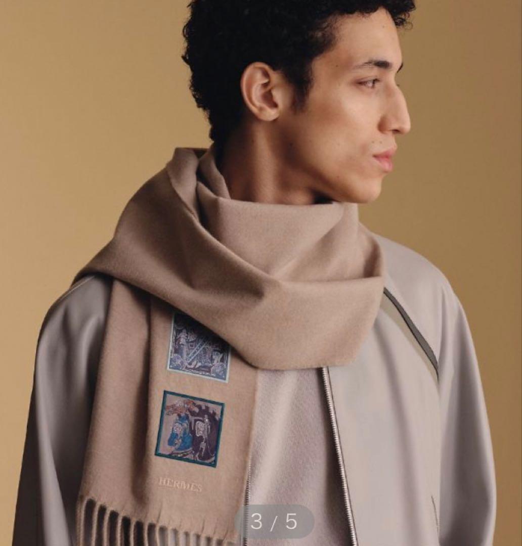 HERMES ネイビー　カシミヤ 刺繍付き　マフラー