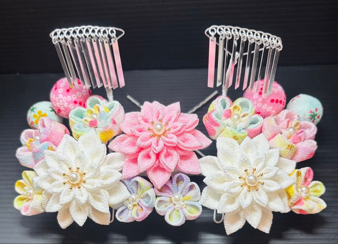 七五三髪飾りセット つまみ細工 パステルカラー 白色×桜色 7-32