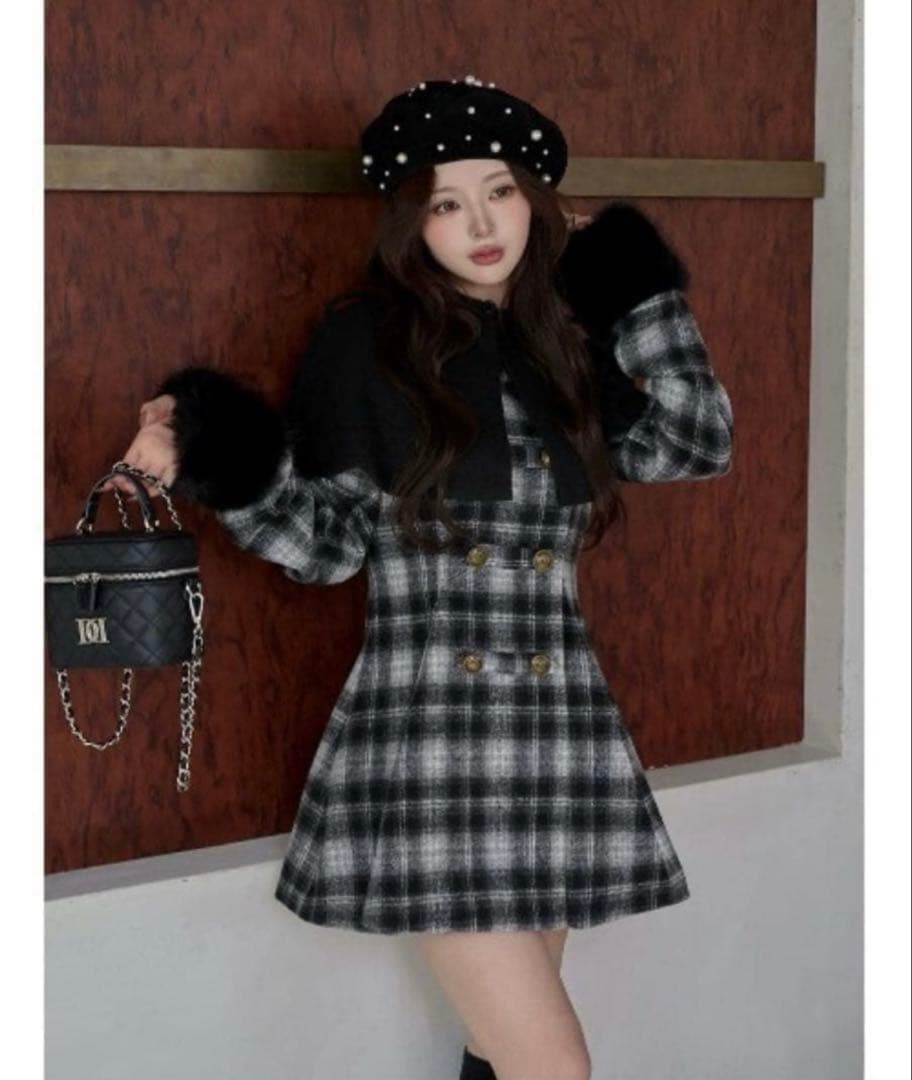 ダーリッチ ケープチェックナポレオンコート ブラック