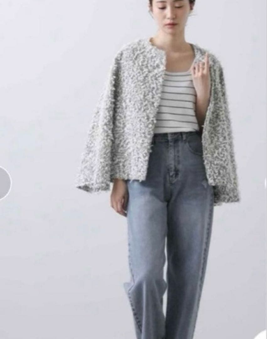 Sono ソーノ　エアリーツイードノーカラージャケット　グレー　ホワイト