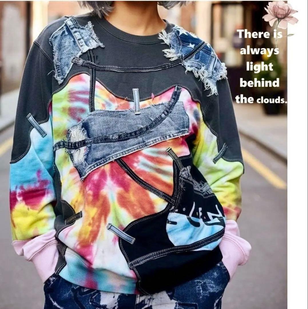 ☆最終セール！古着パーカ-Xデニム★ 鮮やかグラデーションカラーX黑★