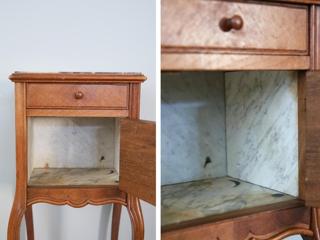 フランスアンティーク木製*大理石キャビネット/ナイトテーブル机(90-4)