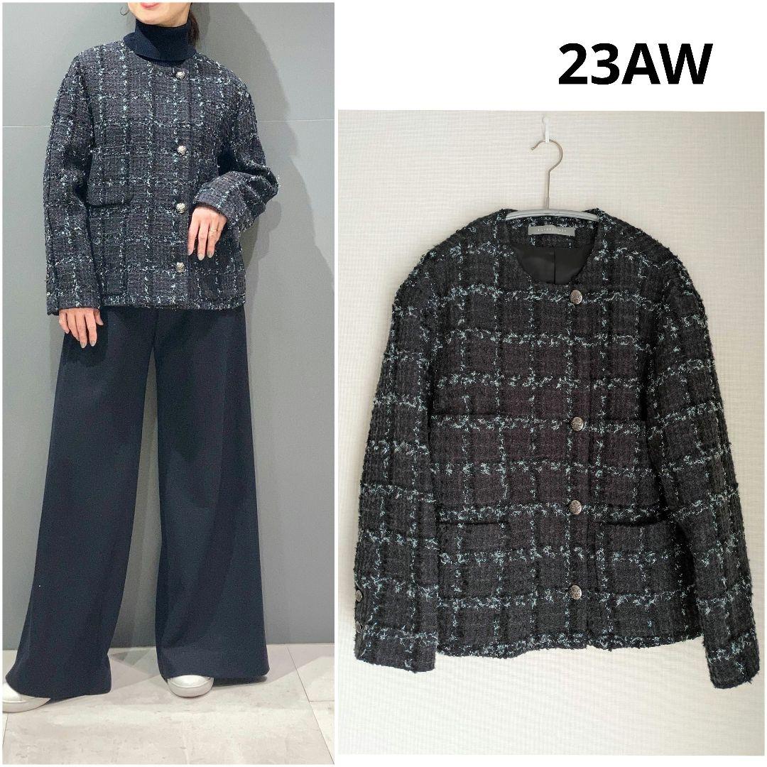 美品 theory luxe 23AW ツイードラメ ノーカラージャケット 38