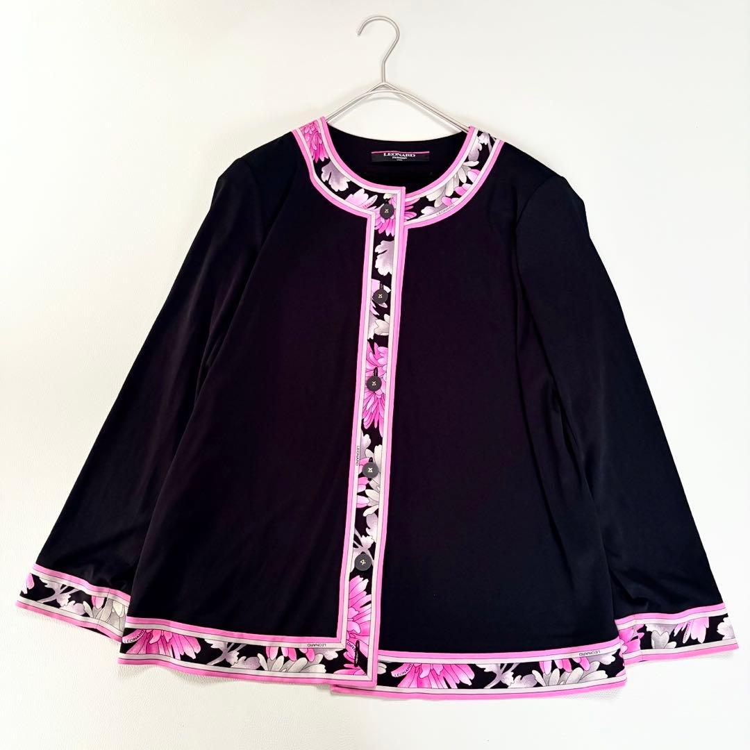 美品✨レオナール カンカン 花柄トリム ノーカラージャケット カーディガン L