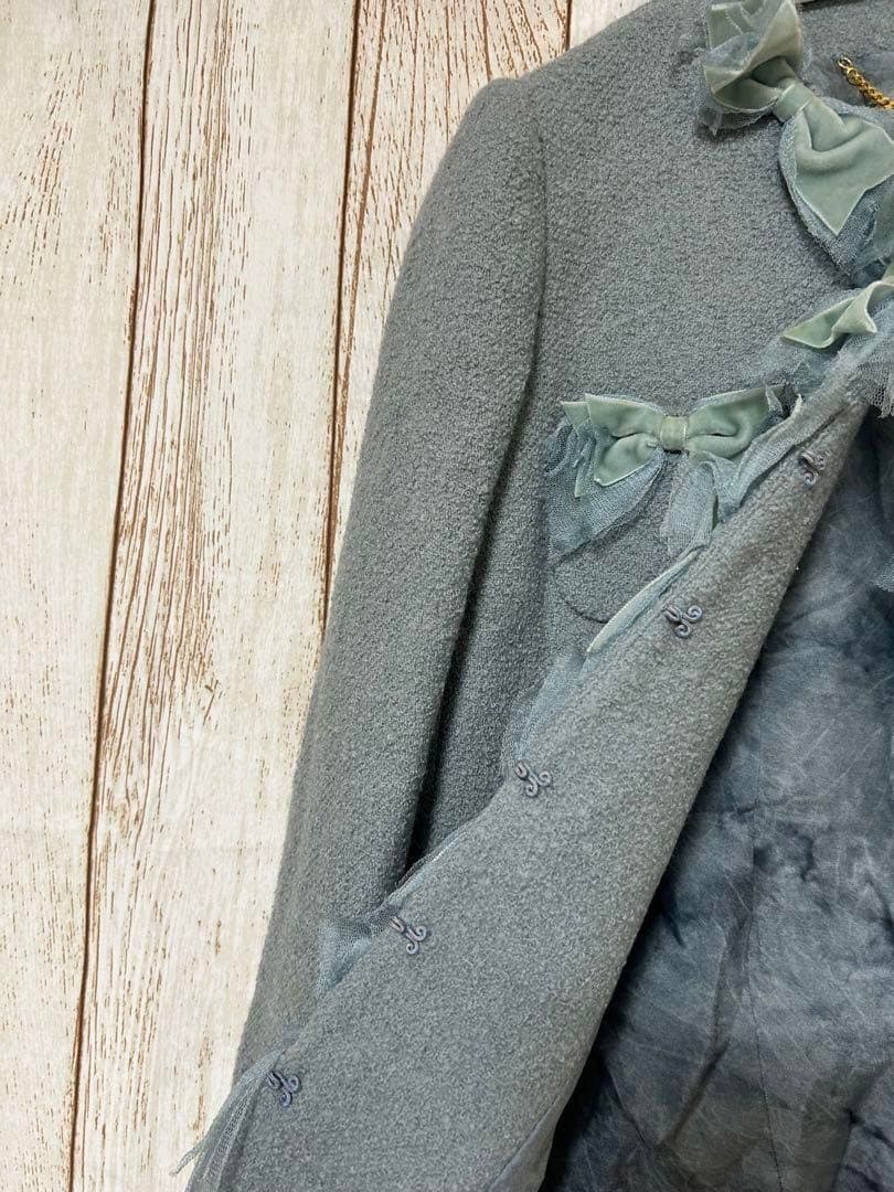 MOSCHINO リボンレースフリルノーカラージャケット ライトブルー