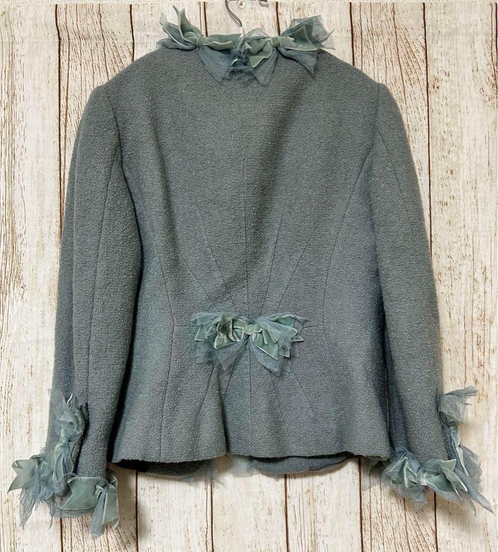 MOSCHINO リボンレースフリルノーカラージャケット ライトブルー