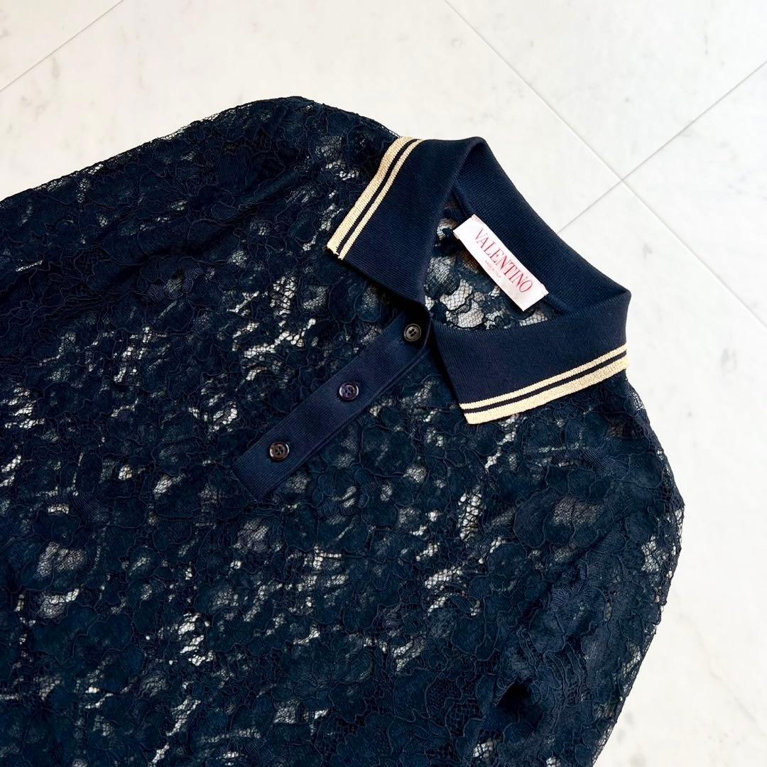 VALENTINO 近年タグ フラワーレース ポロカットソー ニット ブラック