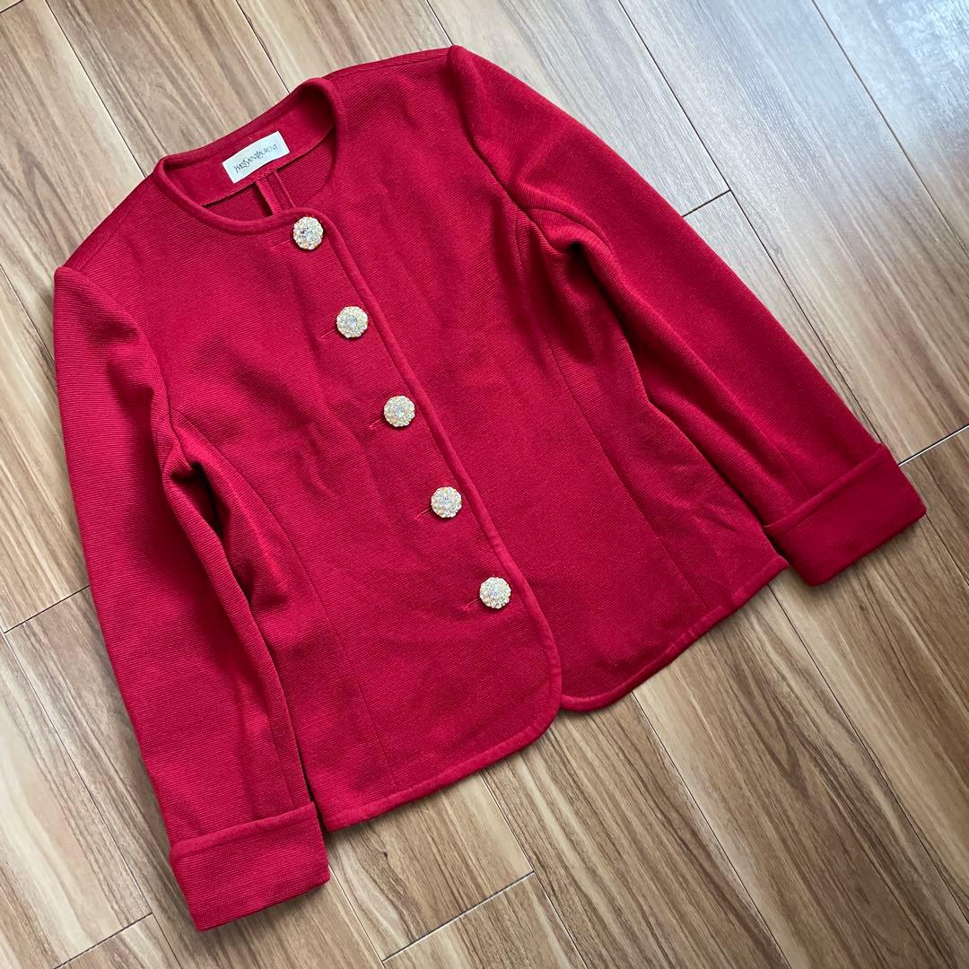 Yves Saint Laurentノーカラージャケット M 赤金ボタンウール