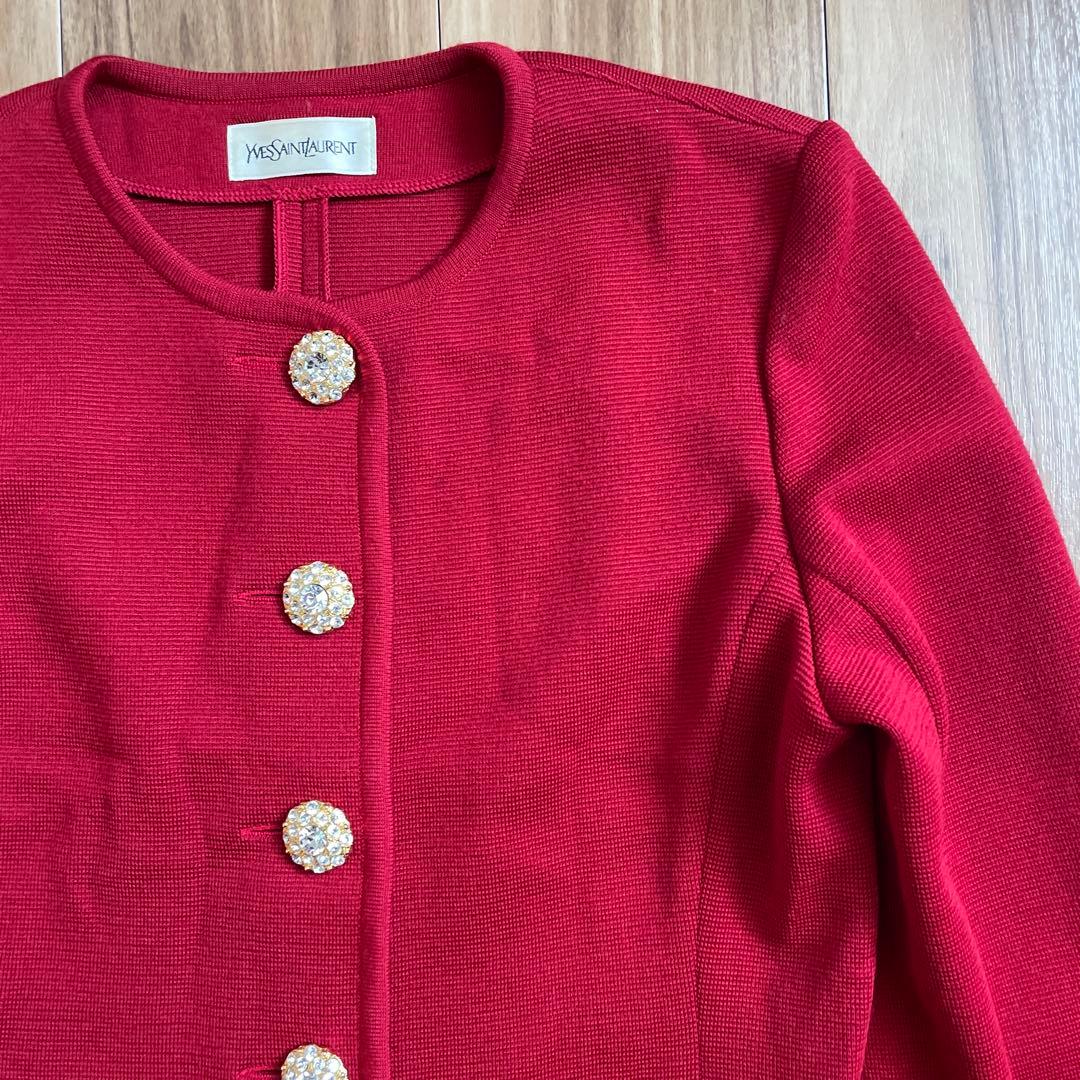 Yves Saint Laurentノーカラージャケット M 赤金ボタンウール