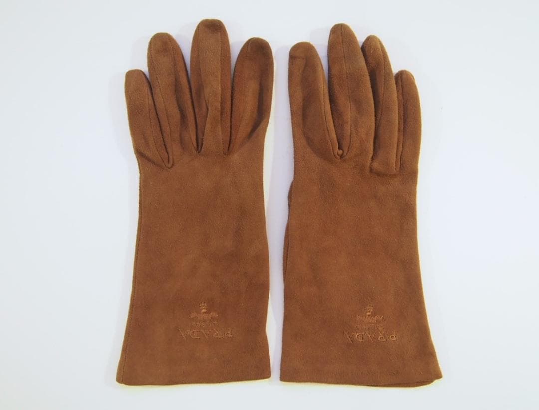 定価14万★PRADA★柔らかレザー手袋刺繍ブラウン7.5スエードグローブプラダ