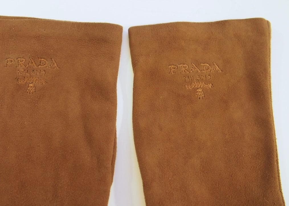 定価14万★PRADA★柔らかレザー手袋刺繍ブラウン7.5スエードグローブプラダ