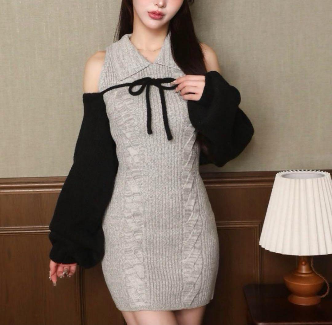 オフショルダー ニットワンピース グレー