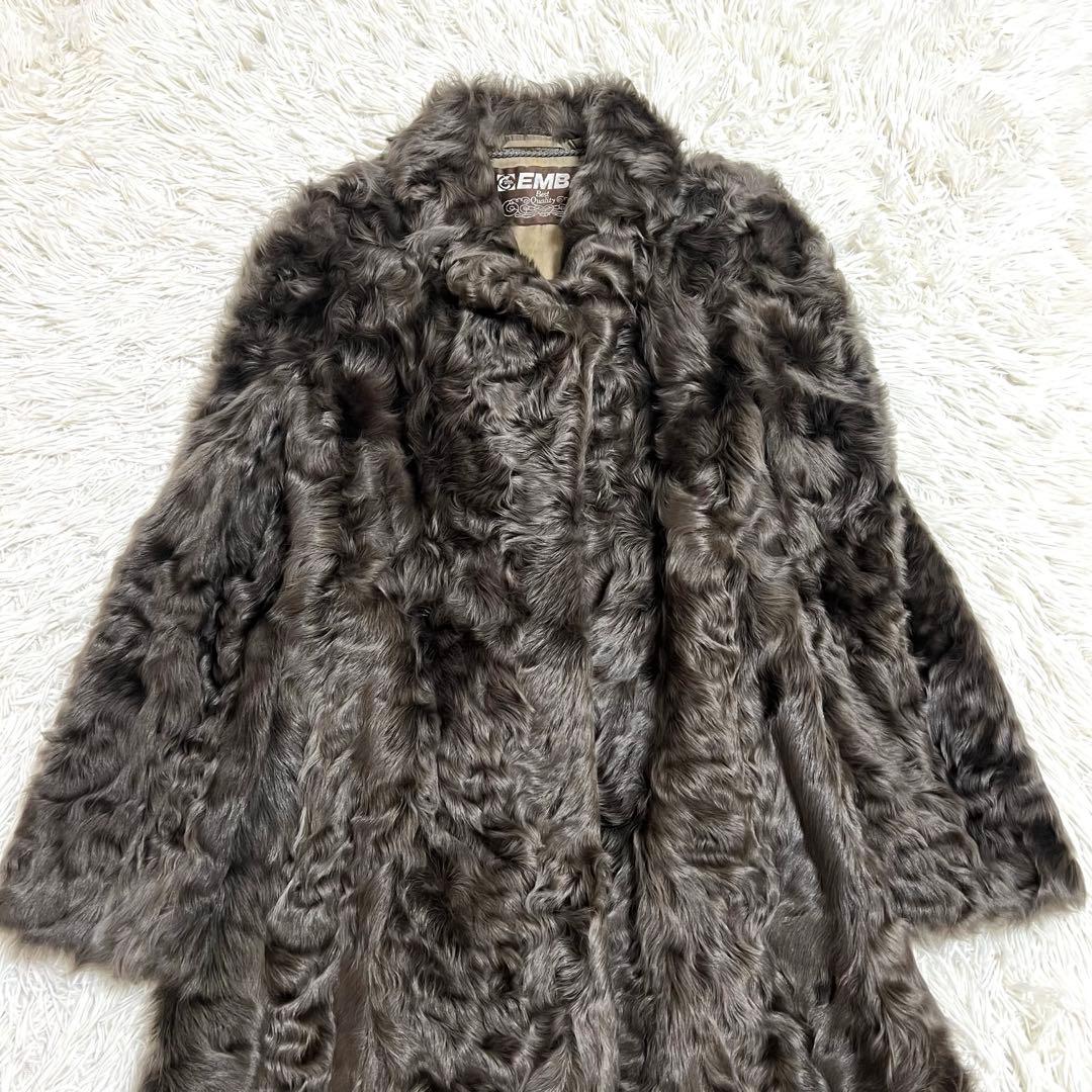 エンバ EMBA 毛皮コート リアルファー ロング カラクルラム グレー L