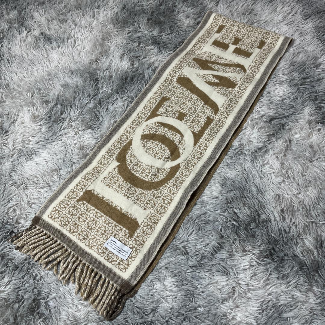 [大人気]　ロエベ　アナグラムパッチストール　総柄　ウール　フリンジ　マフラー