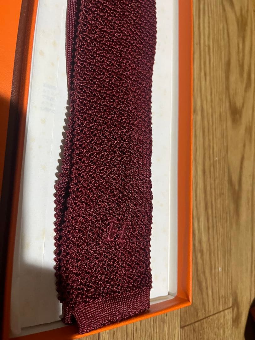 エルメス　ネクタイ　ニットタイ　ワインレッド　H柄　ウール