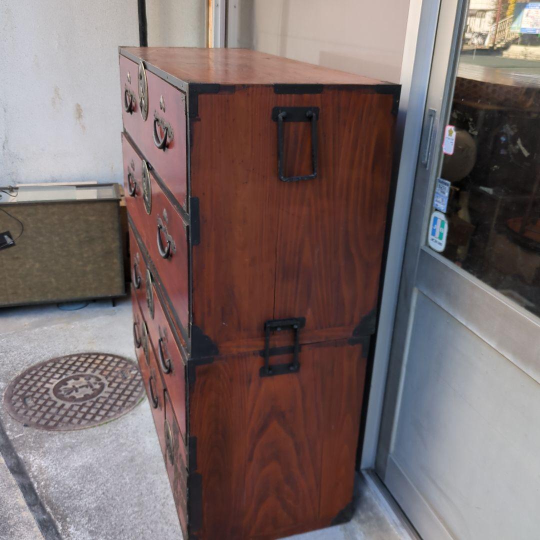 骨董 アンティーク 箪笥 金具 台 飾り台 テレビ台 鶴亀 松細工 2段