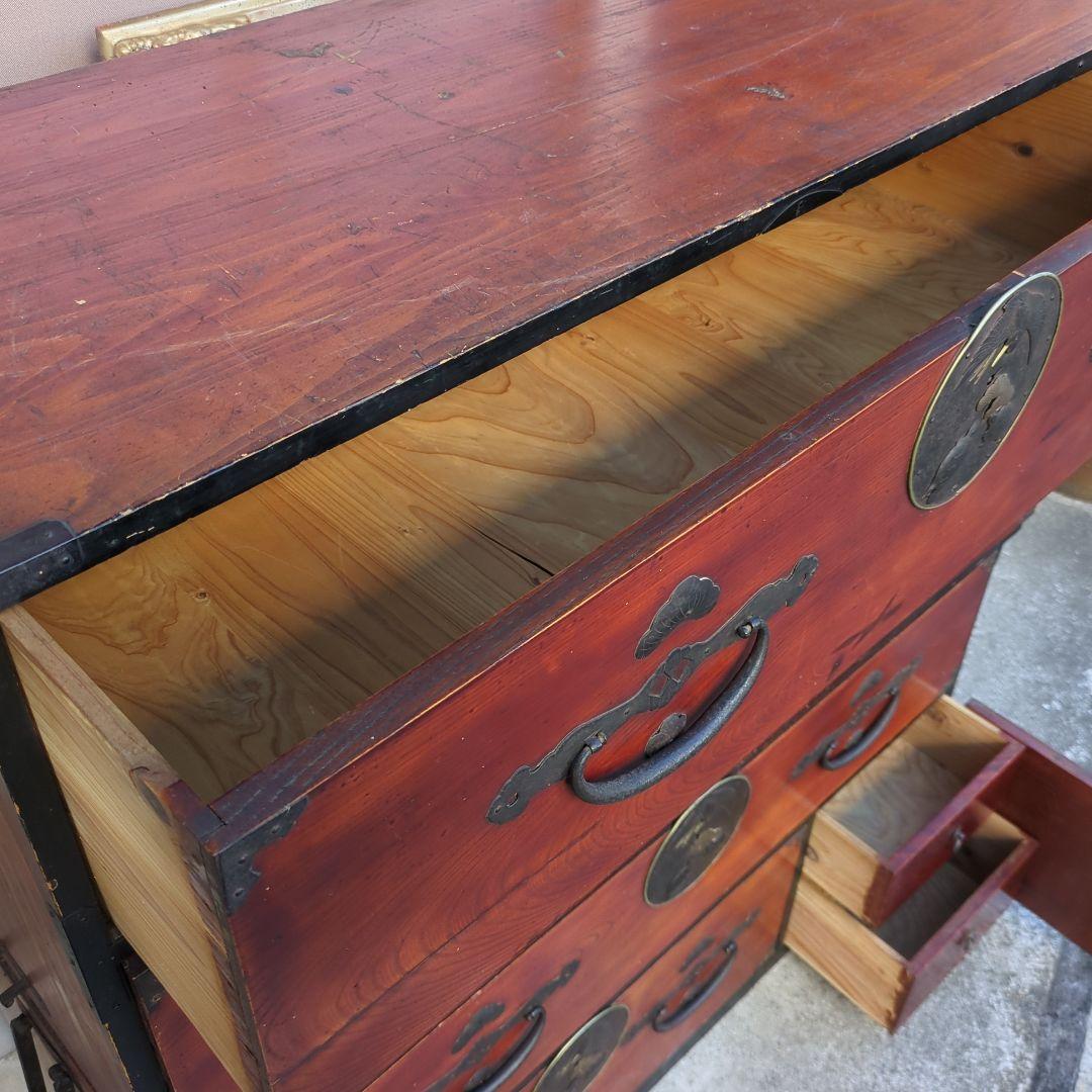 骨董 アンティーク 箪笥 金具 台 飾り台 テレビ台 鶴亀 松細工 2段