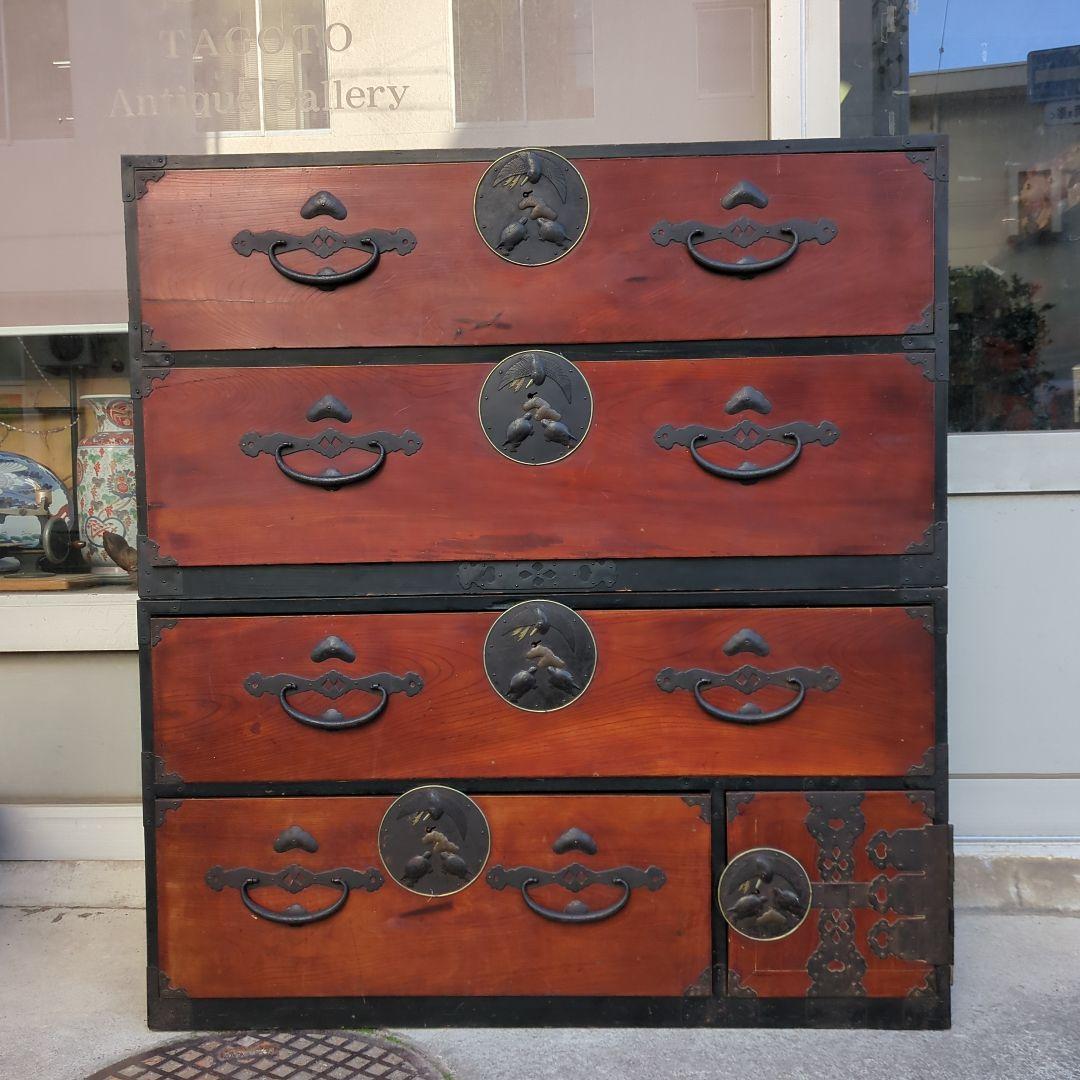 骨董 アンティーク 箪笥 金具 台 飾り台 テレビ台 鶴亀 松細工 2段