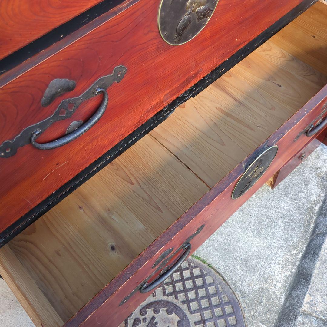 骨董 アンティーク 箪笥 金具 台 飾り台 テレビ台 鶴亀 松細工 2段