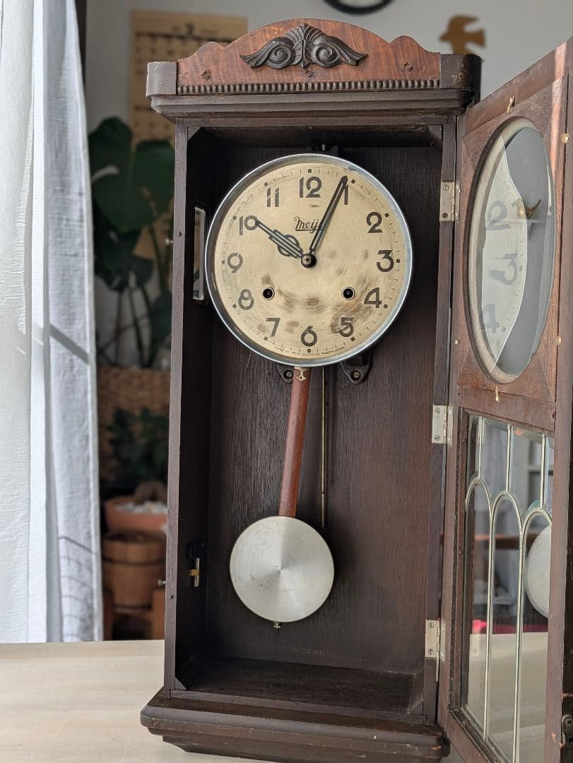 木製　アンティーク　昭和レトロ　柱時計　振り子時計　ゼンマイ式　壁掛け時計