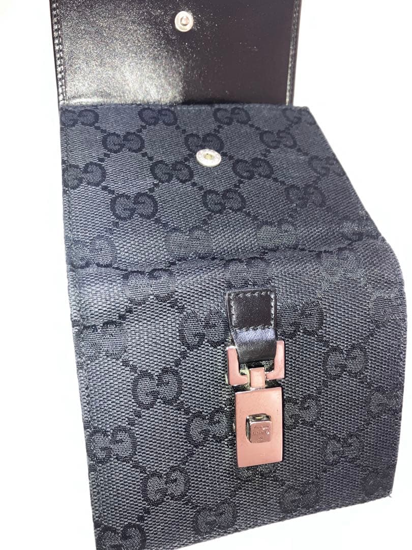 美品 GUCCI グッチ　ジャッキー 二つ折り財布 キャンバス 黒 シマ レザー