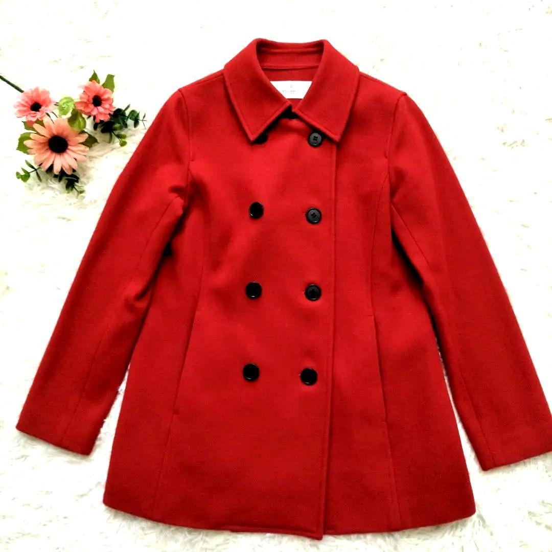 美品✨モラビト　ウール100%コート　ミドル丈　ピーコート　ダブル 　レッド　M