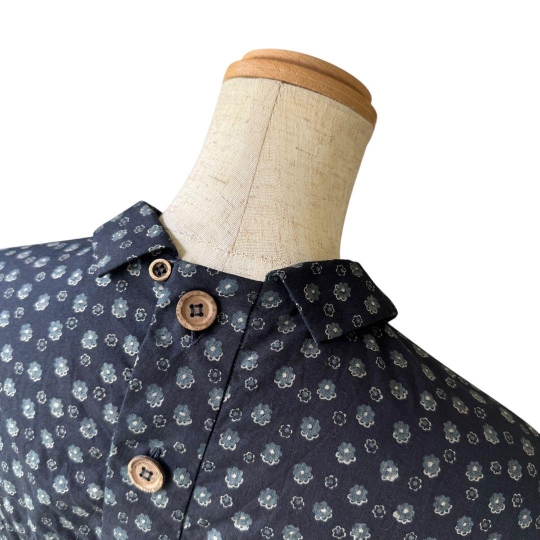 極近年美品　45R もこもこ花プリントのドレス　インディゴ