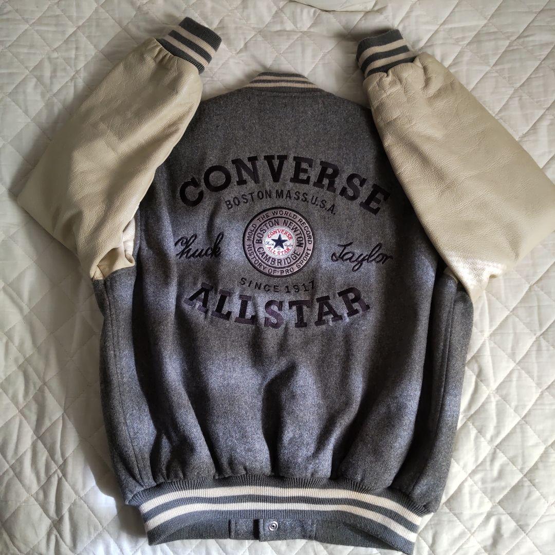 袖牛革 スタジャン グレー/アイボリー Ｍ