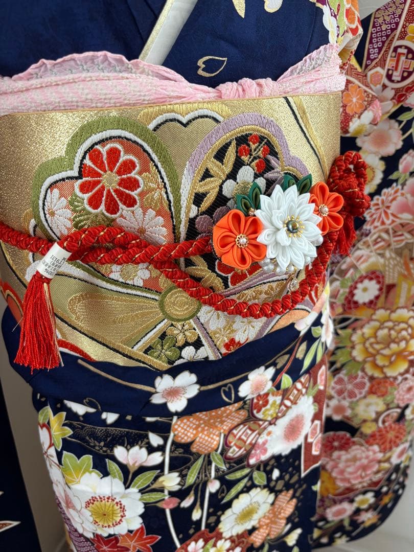 未使用　正絹振袖フルセット　王道華やかな古典柄　牡丹　桜　成人式　ネイビー