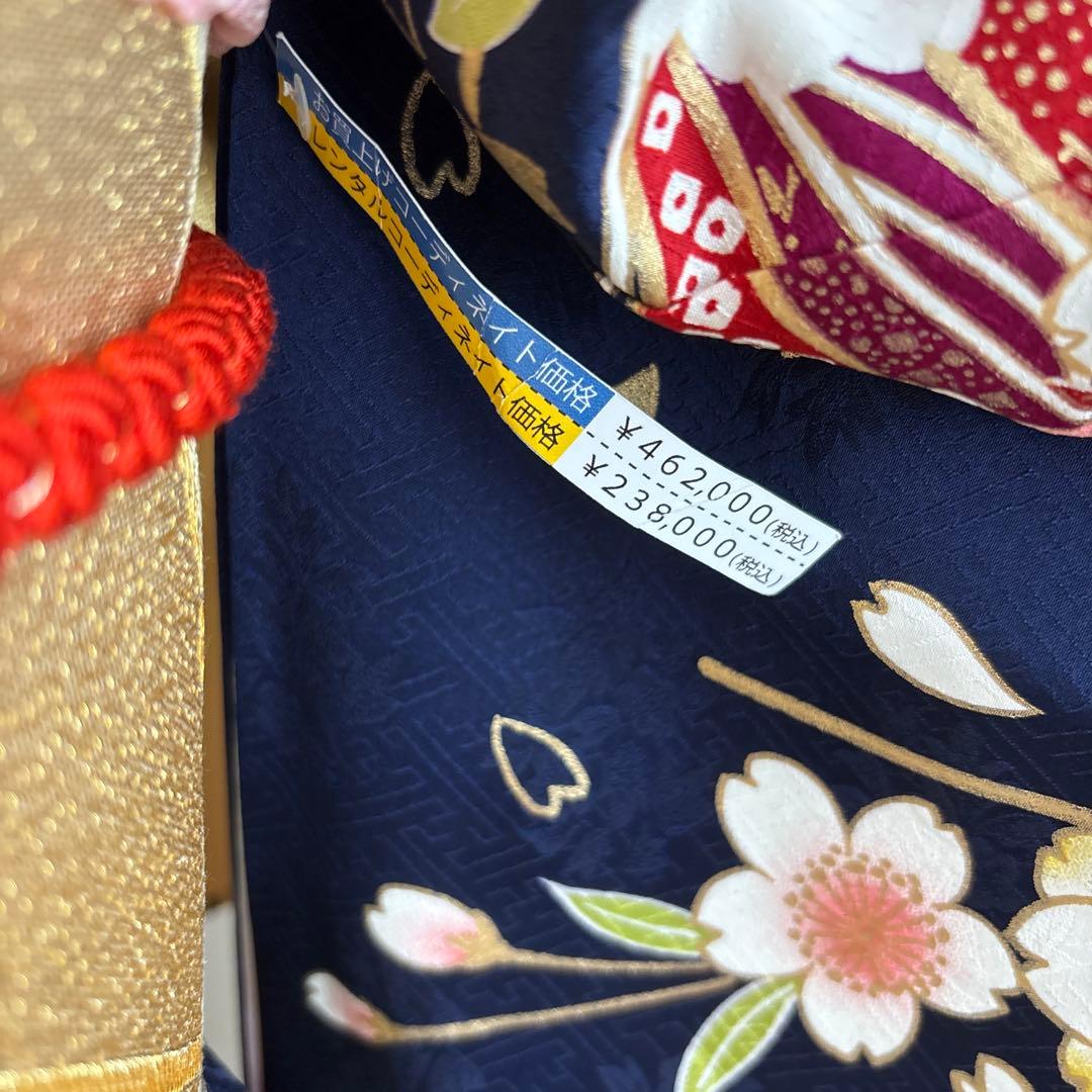 未使用　正絹振袖フルセット　王道華やかな古典柄　牡丹　桜　成人式　ネイビー