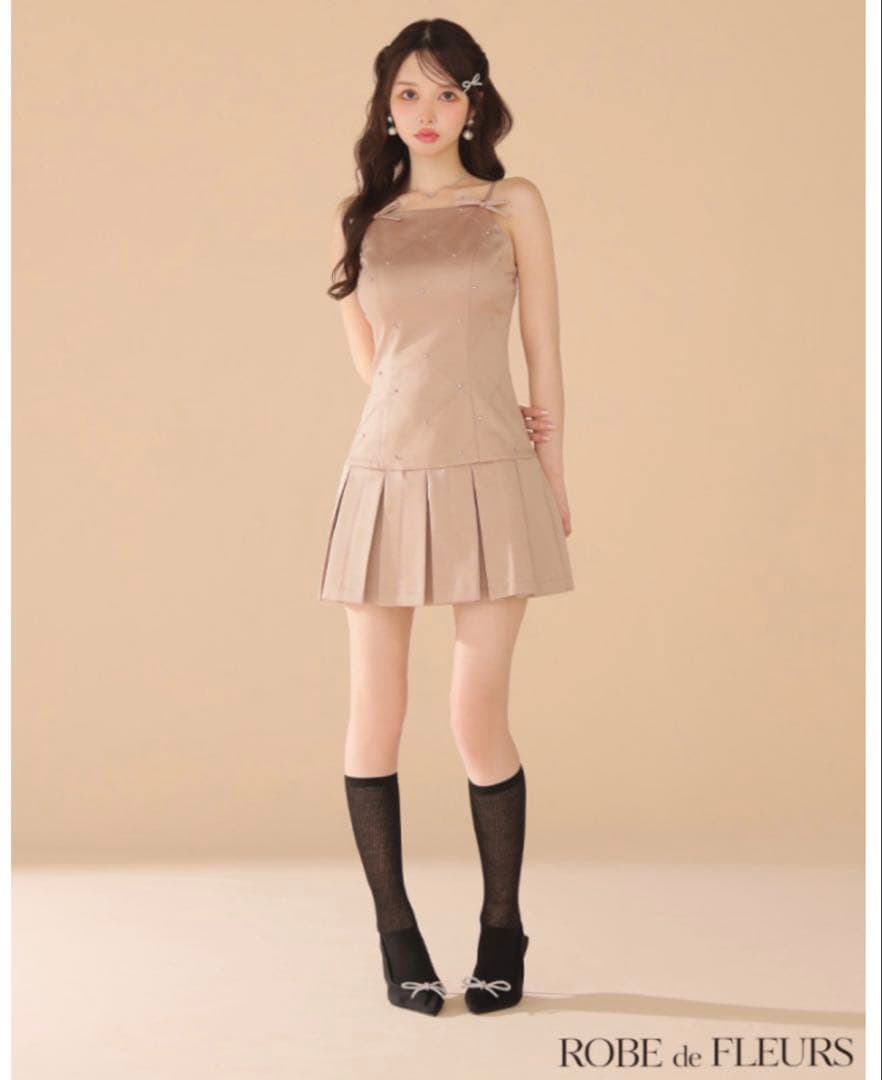 サテンビジューリボンボックスプリーツミニキャバドレス(fm3399)