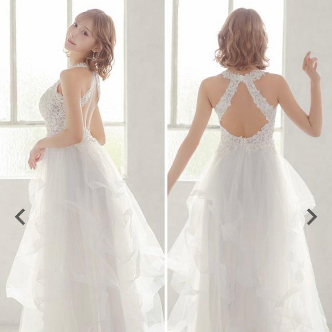 フラワー刺繍ボリュームホルターネックチュールロングバースデードレス