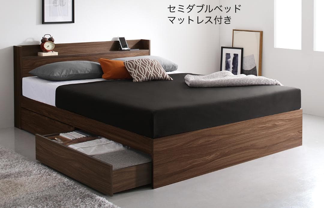 【K】シングルベッド 収納 棚 2口コンセント マットレス付