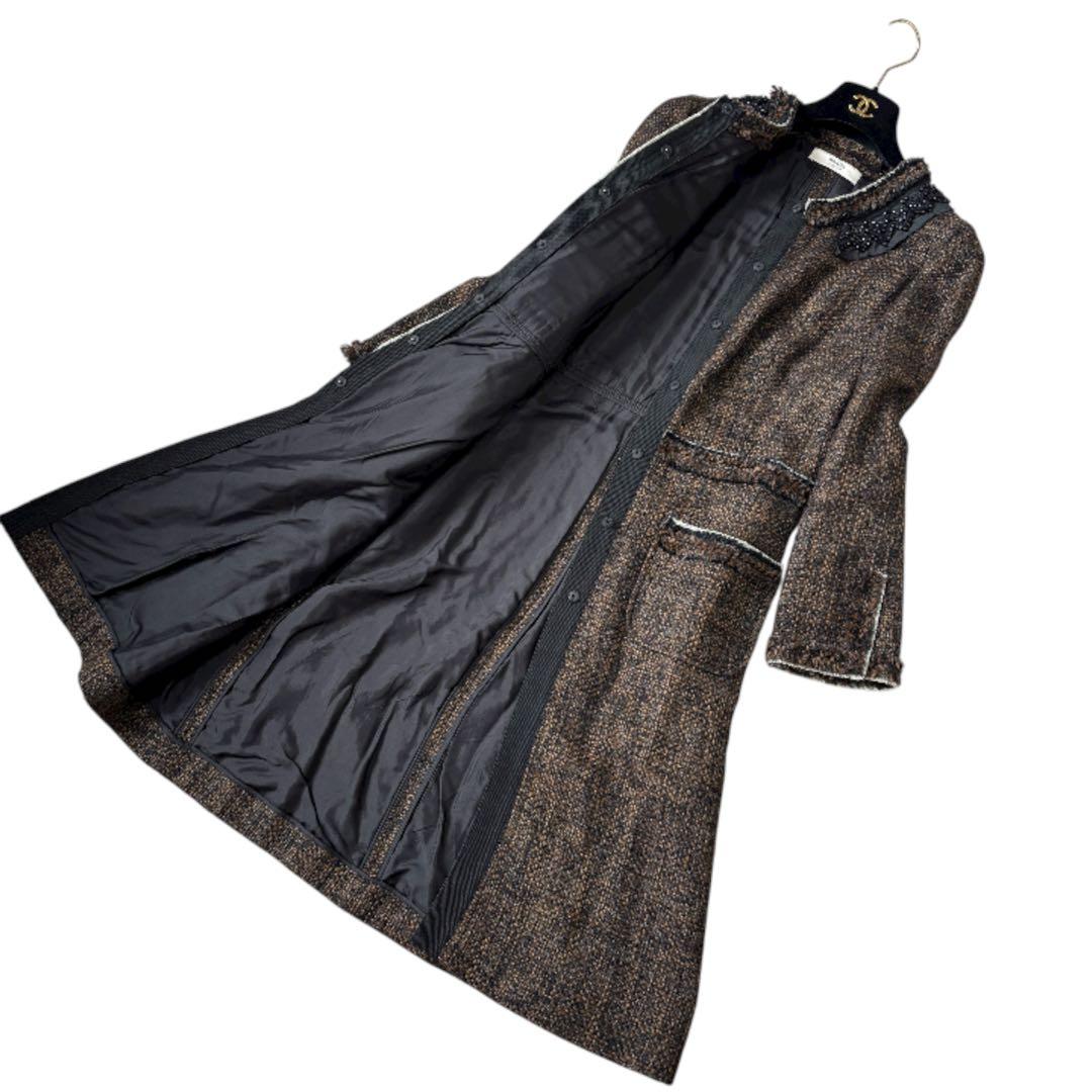 美品 PRADA ツイード ロングコート ビジュー ノーカラー ブラックビーズ