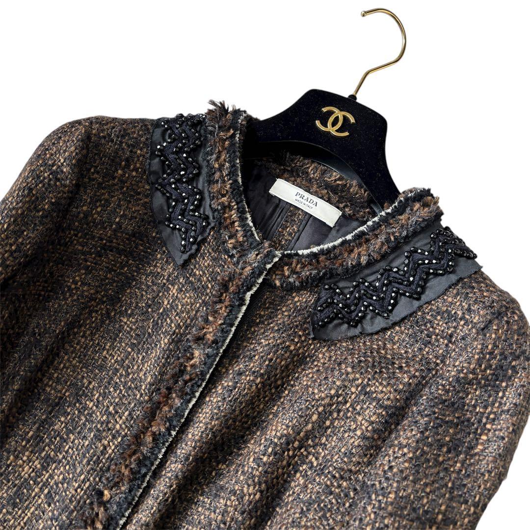 美品 PRADA ツイード ロングコート ビジュー ノーカラー ブラックビーズ