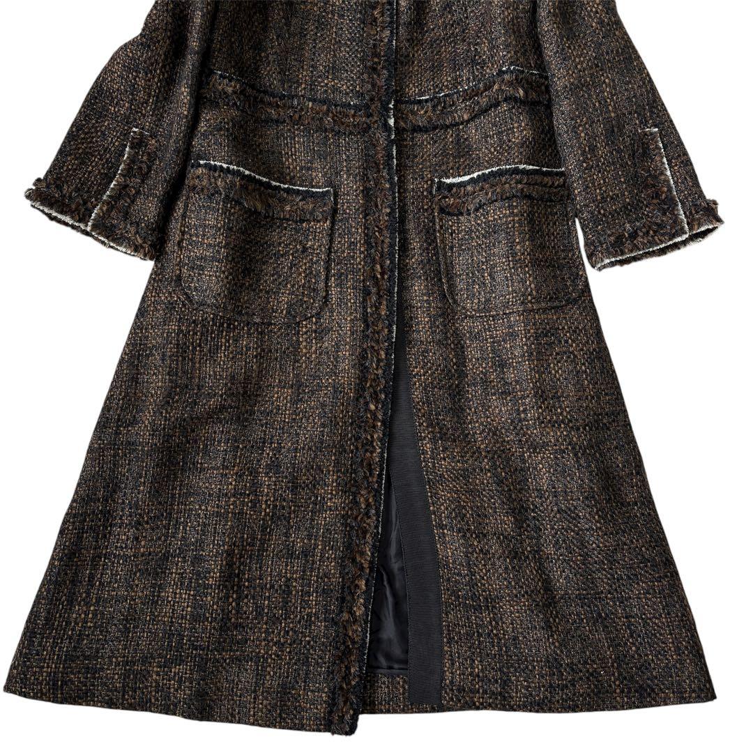 美品 PRADA ツイード ロングコート ビジュー ノーカラー ブラックビーズ