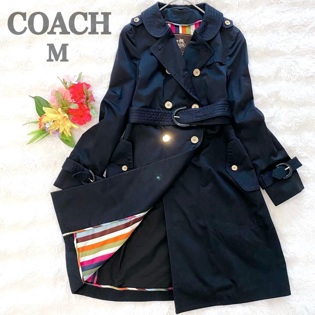 【極美品】コーチ トレンチコート ロング ベルト ストライプ ネイビー 金ボタン