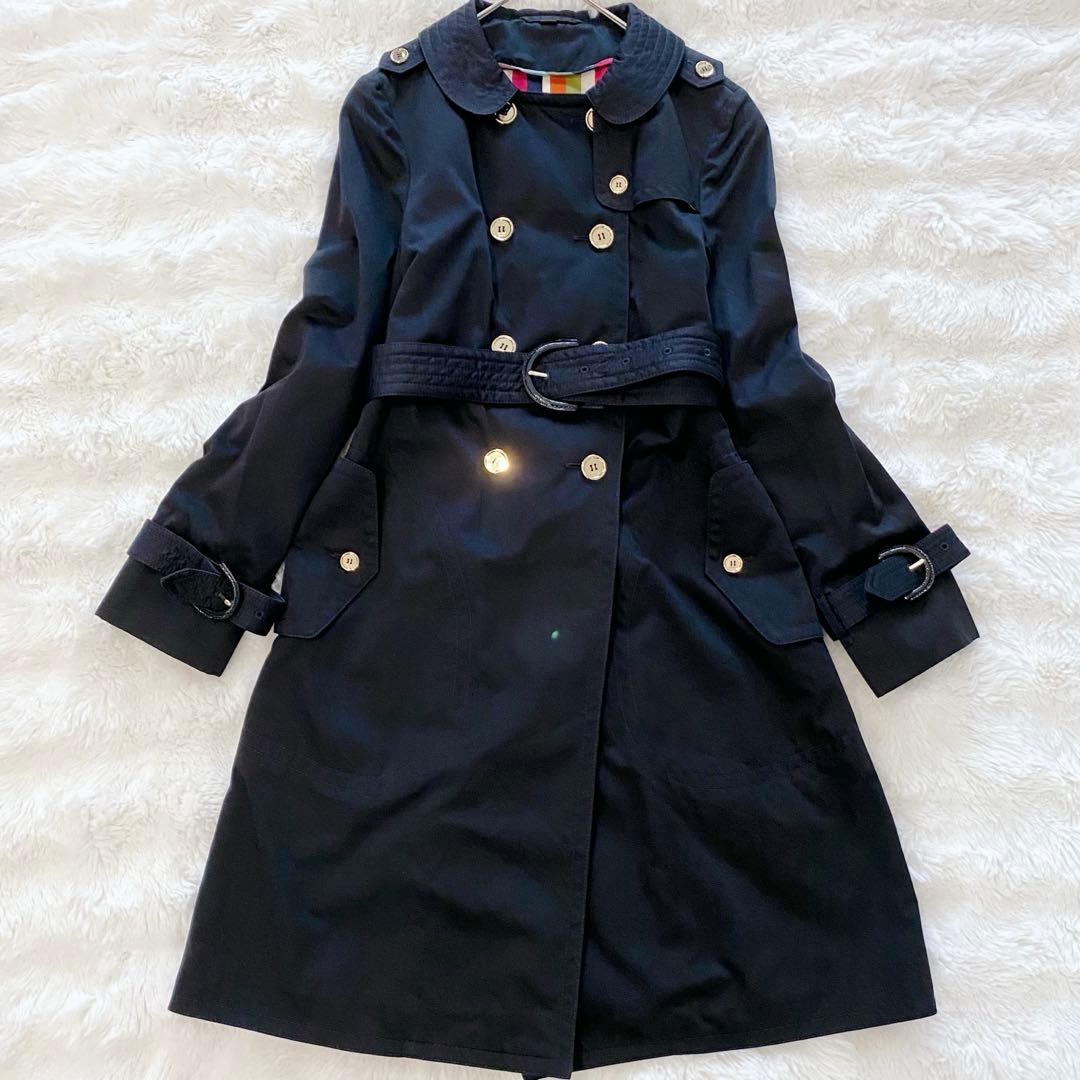 【極美品】コーチ トレンチコート ロング ベルト ストライプ ネイビー 金ボタン