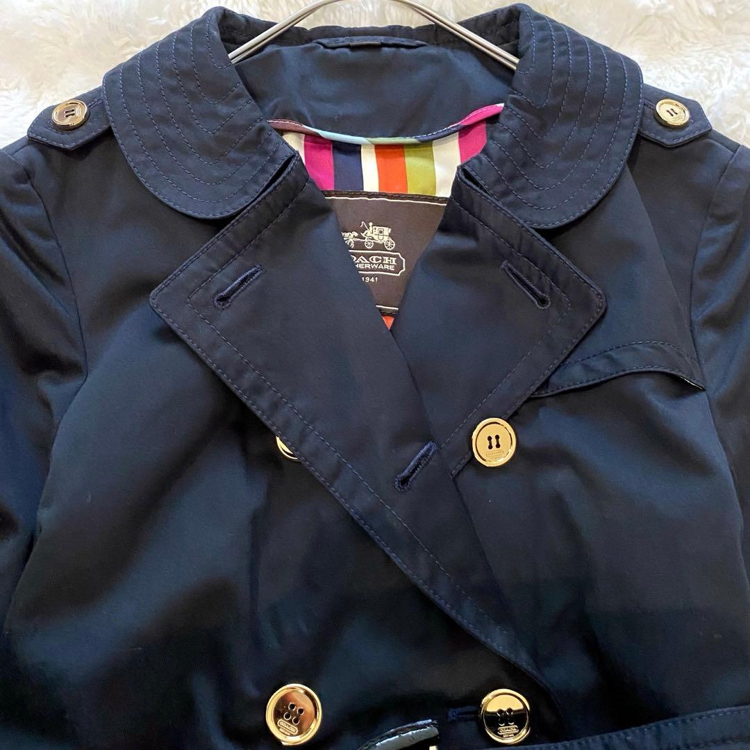 【極美品】コーチ トレンチコート ロング ベルト ストライプ ネイビー 金ボタン