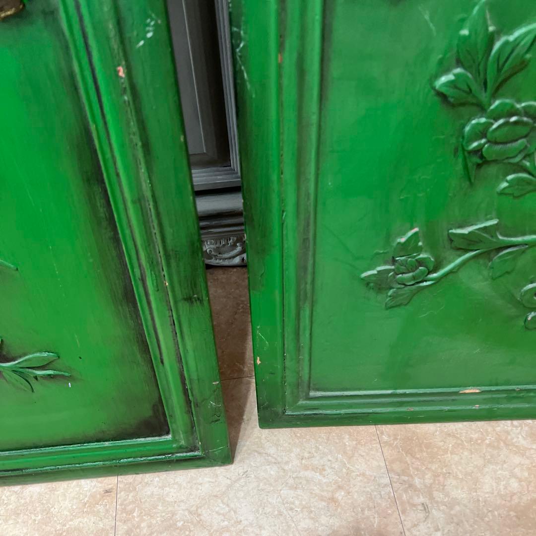 緑色の彫刻木製扉 2枚セット＊中国？