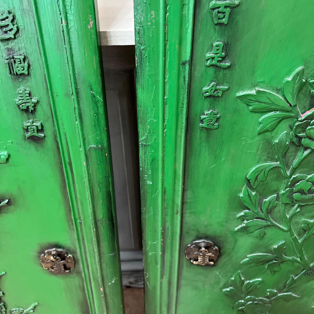 緑色の彫刻木製扉 2枚セット＊中国？