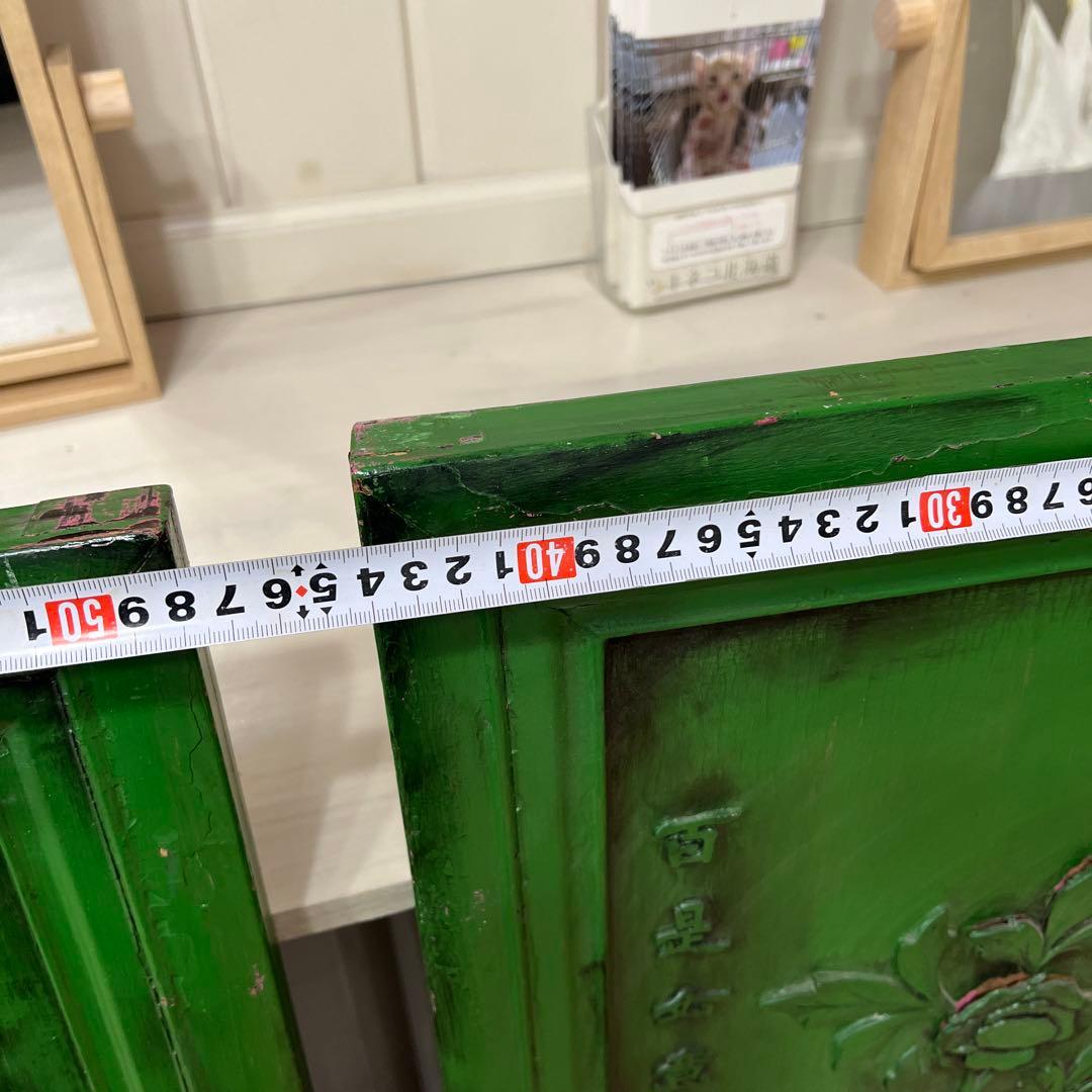 緑色の彫刻木製扉 2枚セット＊中国？