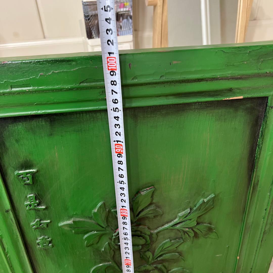 緑色の彫刻木製扉 2枚セット＊中国？