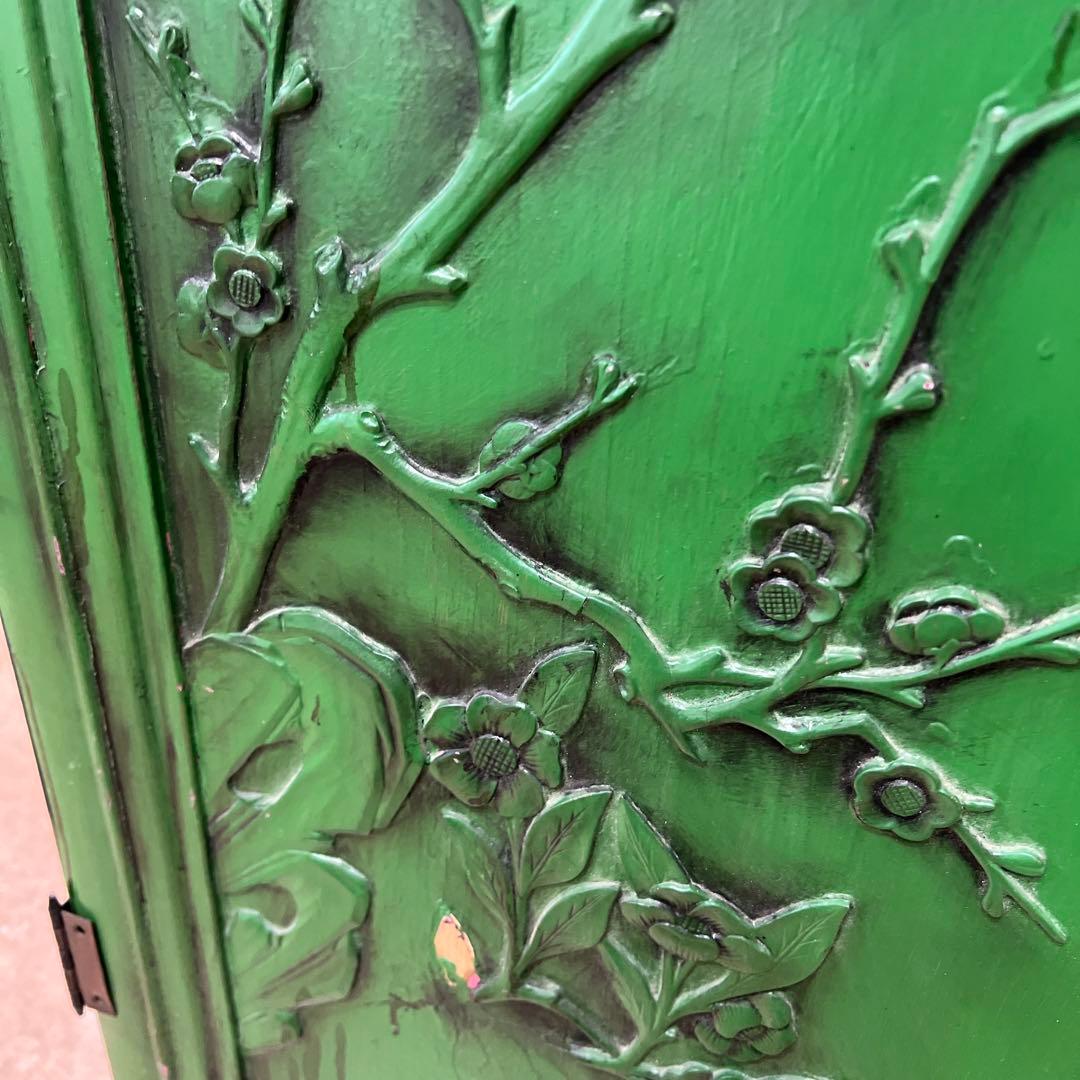 緑色の彫刻木製扉 2枚セット＊中国？