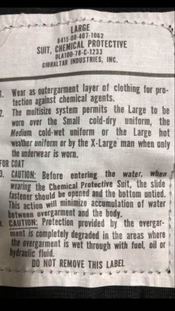 米軍　ケミカルプロテクティブスーツ　dead stock 実物　70's 官給品